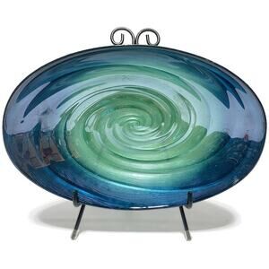 Blue Green Handblown Serving Bowl Glass Art Oval Shaped 13x8.5x3